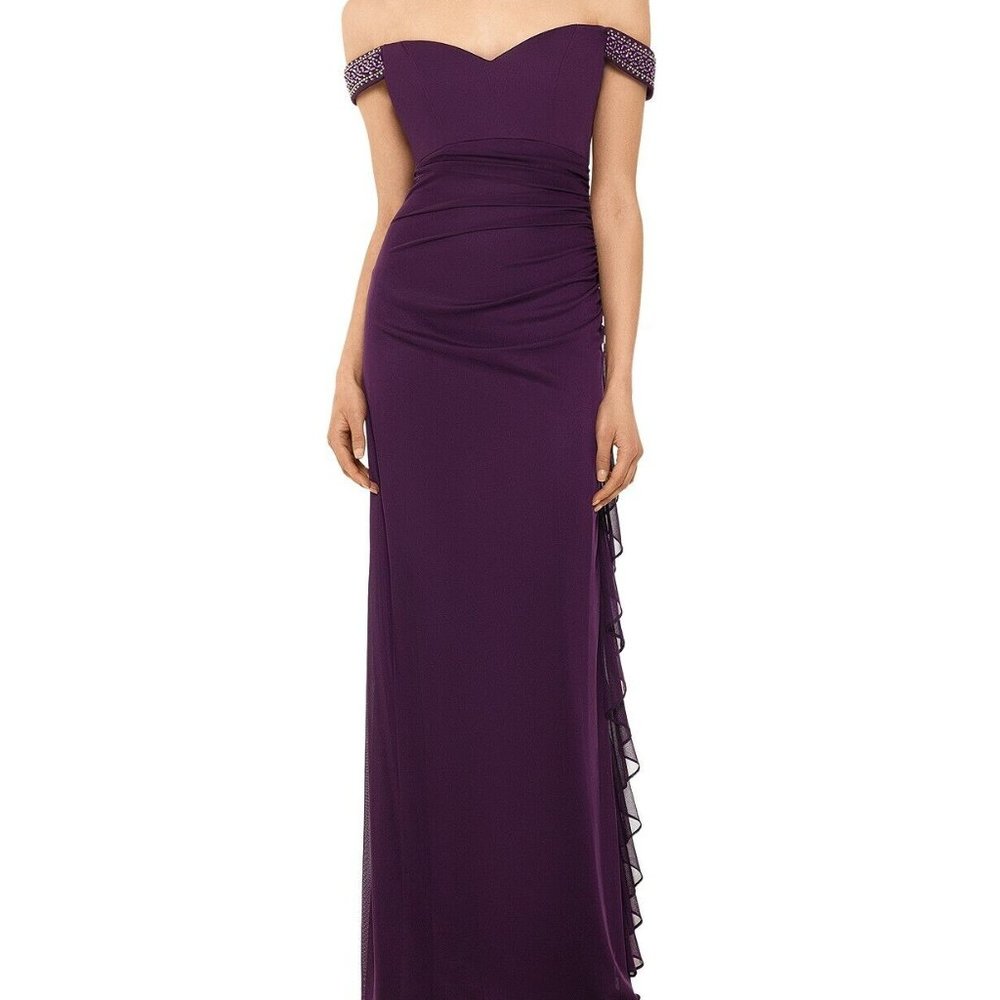 Betsy and Adam Off Shoulder Sparkle Purple Ruched Back Long Dress sz 4